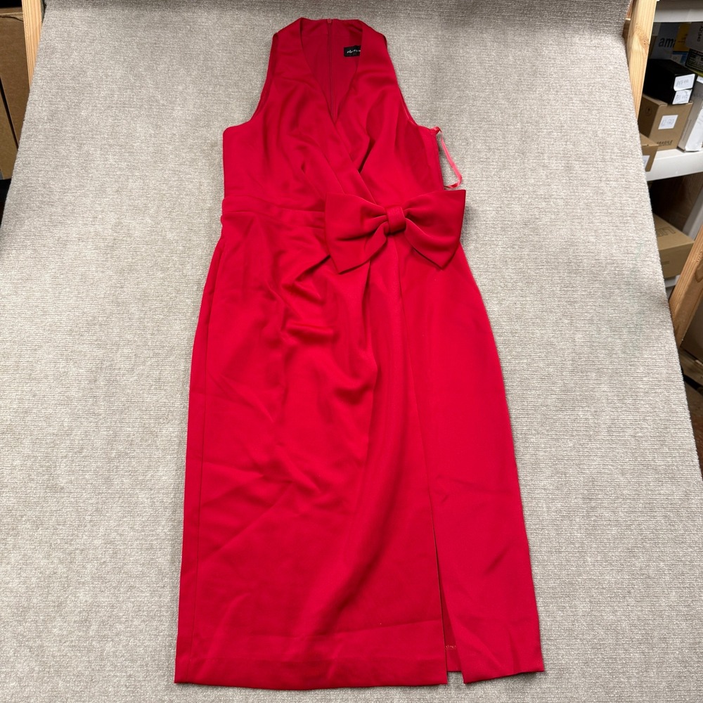 MSRP $89 Clover and Sloane Womens 8 Red Midi Dress Sleeveless Side Slit Bow Wais